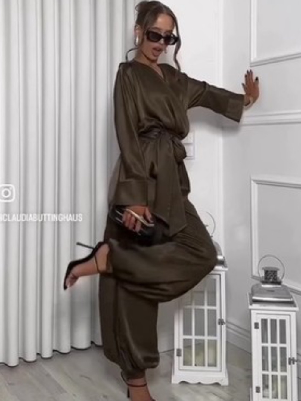 Zara Olive Green Satin Wrap Jumpsuit - Picture 3 of 5